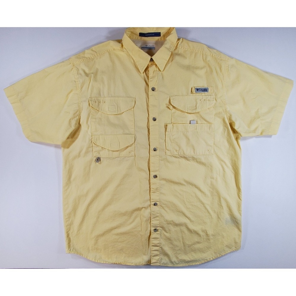 Columbia Super Bonehead PFG Fishing Shirt Mens L Yellow Gingham Button Up
